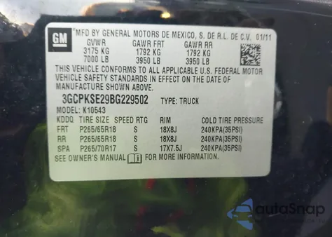 2011 Chevrolet Silverado 1500 Lt z USA, uszkodzony, nr VIN 3GCPKSE29BG229502